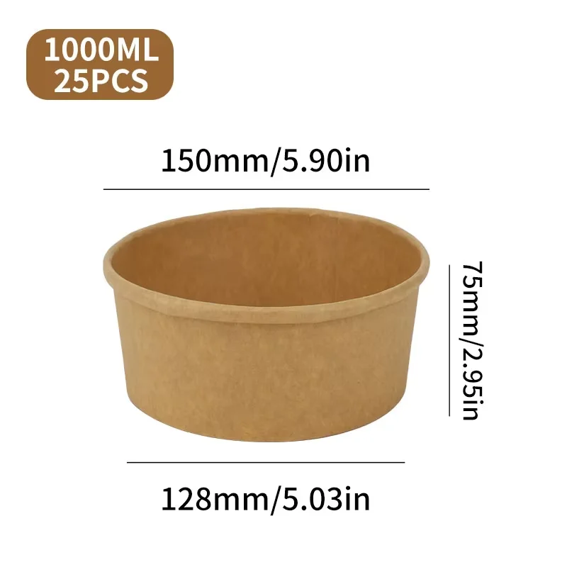 25pcs Kraft Paper Round Bowls Lunch Box Bento Box Food Containers with Lid Disposable Takeaway Soup Salad Noodles Meal Prep Eco-Friendly Food Storage for Picnic Party Travel - 图片 13