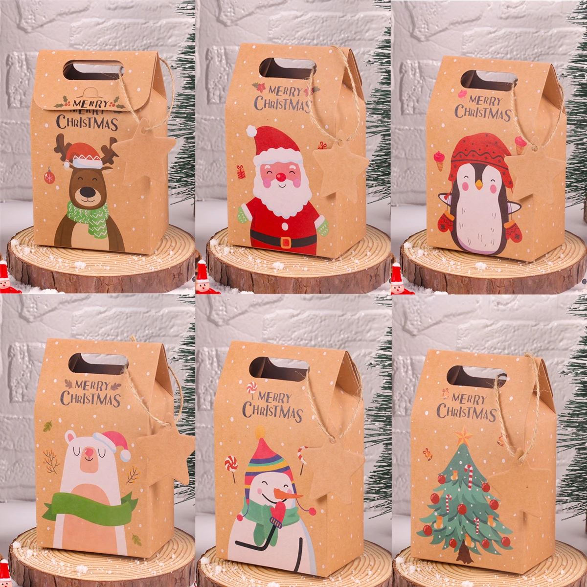 6/12pcs Merry Christmas Kraft Paper Gift Boxes for Candy, Cookies, Party Favors, Santa and Snowman Holiday Packaging, Xmas and New Year Decor, DIY Treat Bags