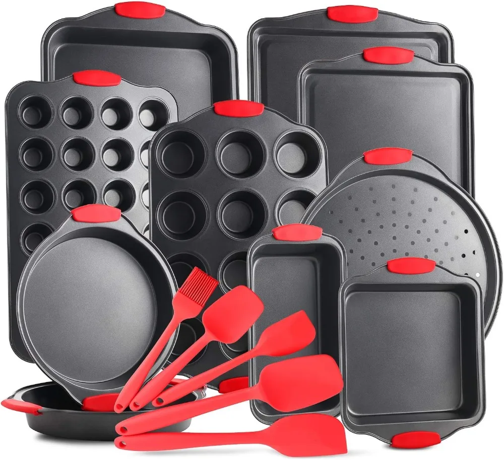 Premium 15-Piece Nonstick Bakeware Set with Muffin Pans, Cake Pans, Cookie Sheets, Loaf Pan, Pizza Pan & Silicone Utensils – Carbon Steel Oven-Safe Baking Kit for Home and Professional Kitchens