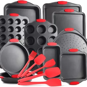 Premium 15-Piece Nonstick Bakeware Set with Muffin Pans, Cake Pans, Cookie Sheets, Loaf Pan, Pizza Pan & Silicone Utensils – Carbon Steel Oven-Safe Baking Kit for Home and Professional Kitchens