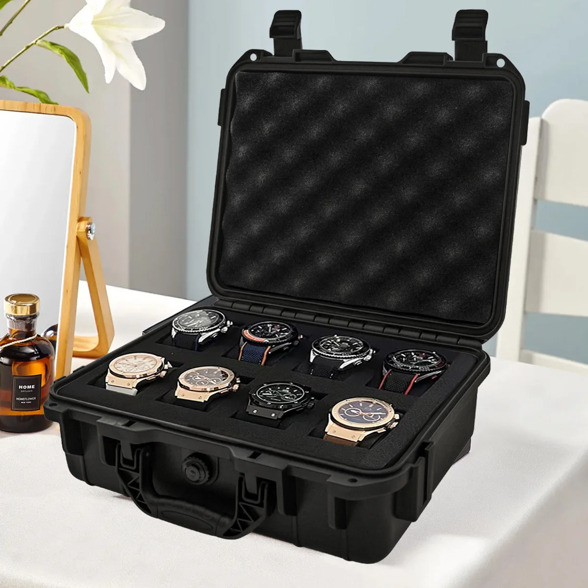 Premium 8/15 Slot Waterproof Watch Storage Box – Portable High-End Collection Case with Anti-Mildew, Moisture-Proof Sponge, Durable Protective Lid for Watches, Jewelry, and Accessories, Ideal for Travel and Home Display 10