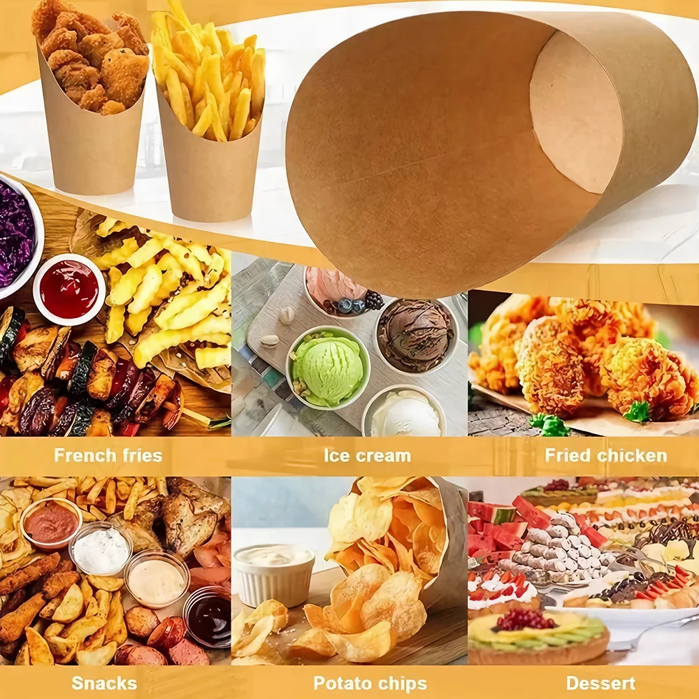 Disposable Greaseproof French Fries Cups, Hamburger & Sandwich Paper Containers, Kitchen Snack Cups, Cowhide Skewer Holders, Ice Cream Paper Cups, Fast Food Takeout Packaging, Party Catering Supplies - 图片 5