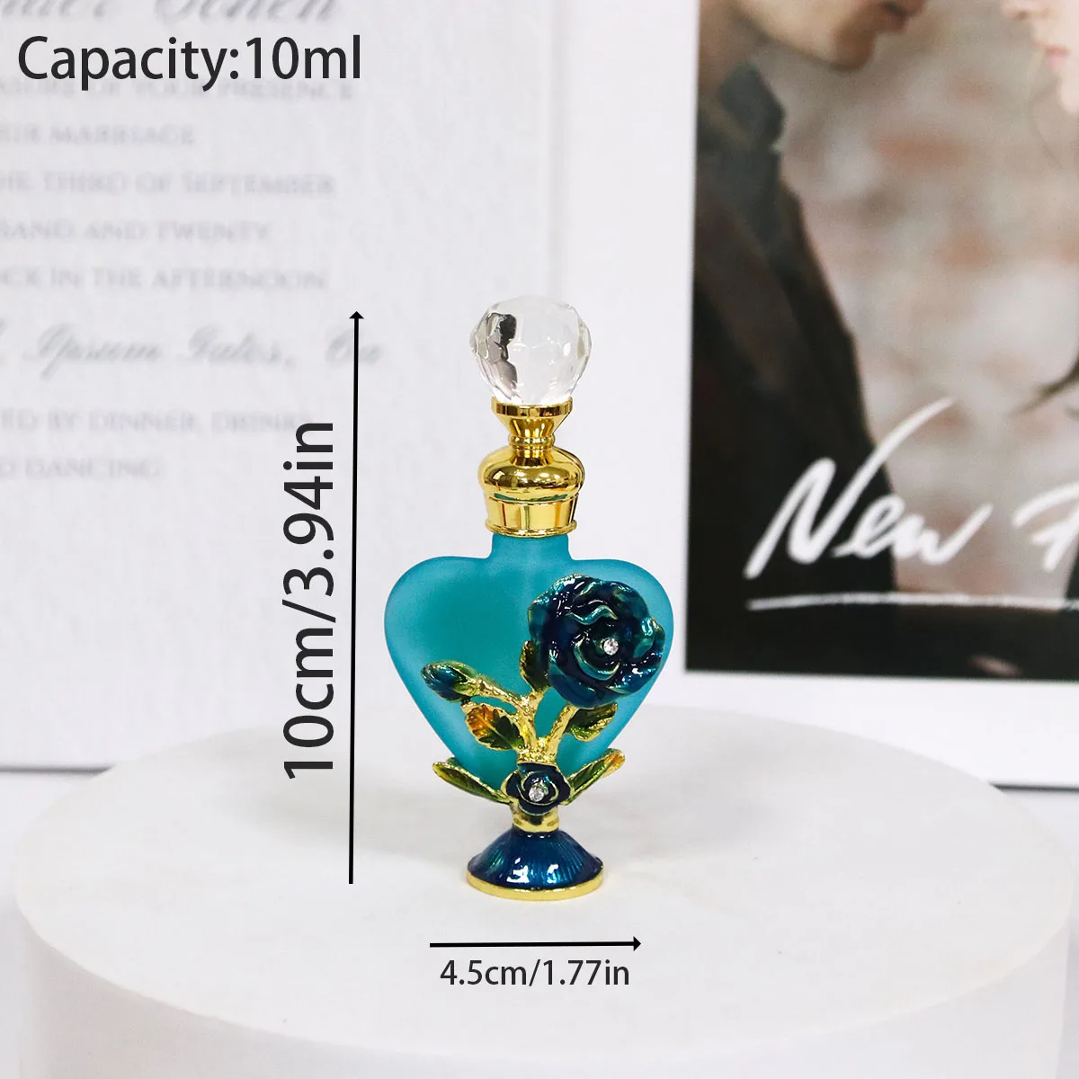 10ml Luxury Rose Flower Glass Bottle with Metal Copper Cap and Stainless Steel Insert – Elegant Heart-Shaped Refillable Container for Essential Oils, Serums, Boutique Packaging, Travel and Gift Presentation - 图片 4
