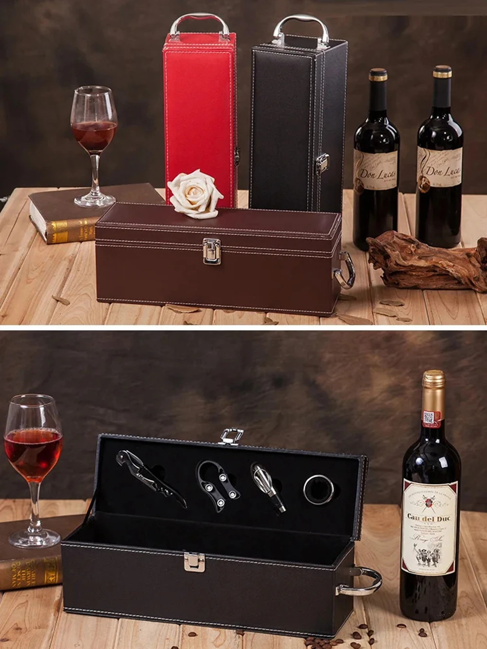 Single Wine Bottle Gift Box with Accessories Set – PU Leather Portable Carrying Case with Handle, Elegant Bottle Holder and Wine Tools for Home, Party, Gifting, and Collection Single Wine Bottle Gift Box with Accessories Set – PU Leather Portable Carrying Case with Handle, Elegant Bottle Holder and Wine Tools for Home, Party, Gifting, and Collection