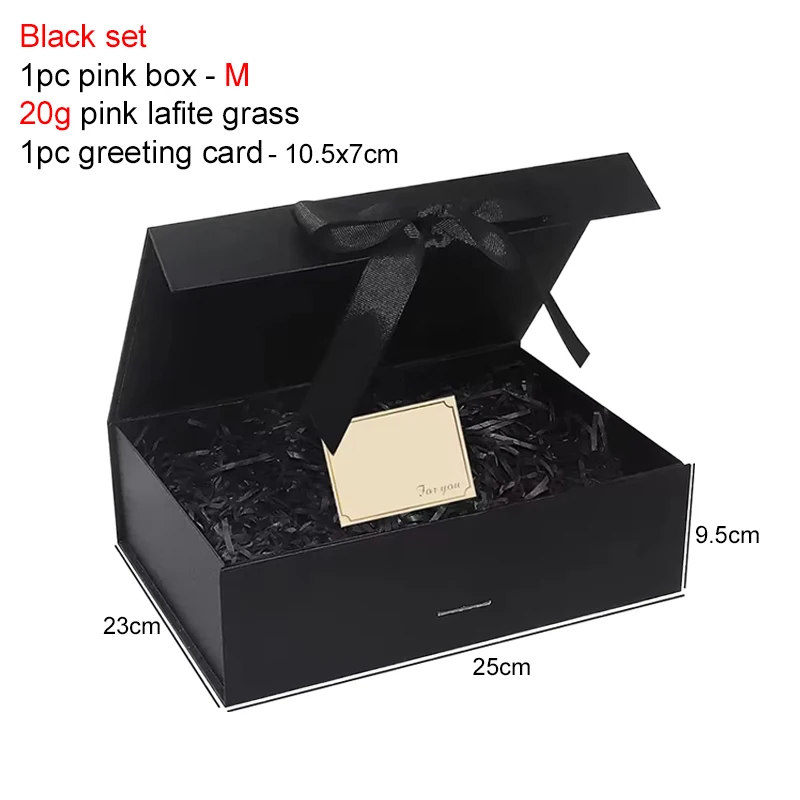 Magnetic Gift Box Kit with Lafite Grass and Greeting Cards, Black and Pink Luxury Folding Gift Box with Lid, Collapsible Paperboard Packaging for Valentine’s Day, Holiday Party, Birthday, Wedding, Anniversary 12