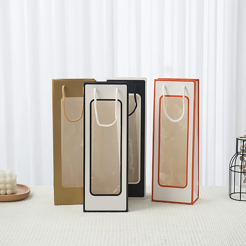 Single Bottle Kraft Paper Wine Gift Bag with Transparent PVC Window, Reusable Rectangular Tote for Flower, Doll or Wine Packaging, Eco-Friendly Paperboard Carry Bag for Parties, Shops, and Gifts