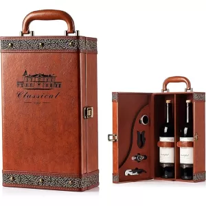 2 Bottle Wine Gift Box with 4 Accessories Set – PU Leather Portable Wine Carrier Tote, Dual Bottle Storage and Presentation Box for Home Display, Business Gifting, and Wine Collection