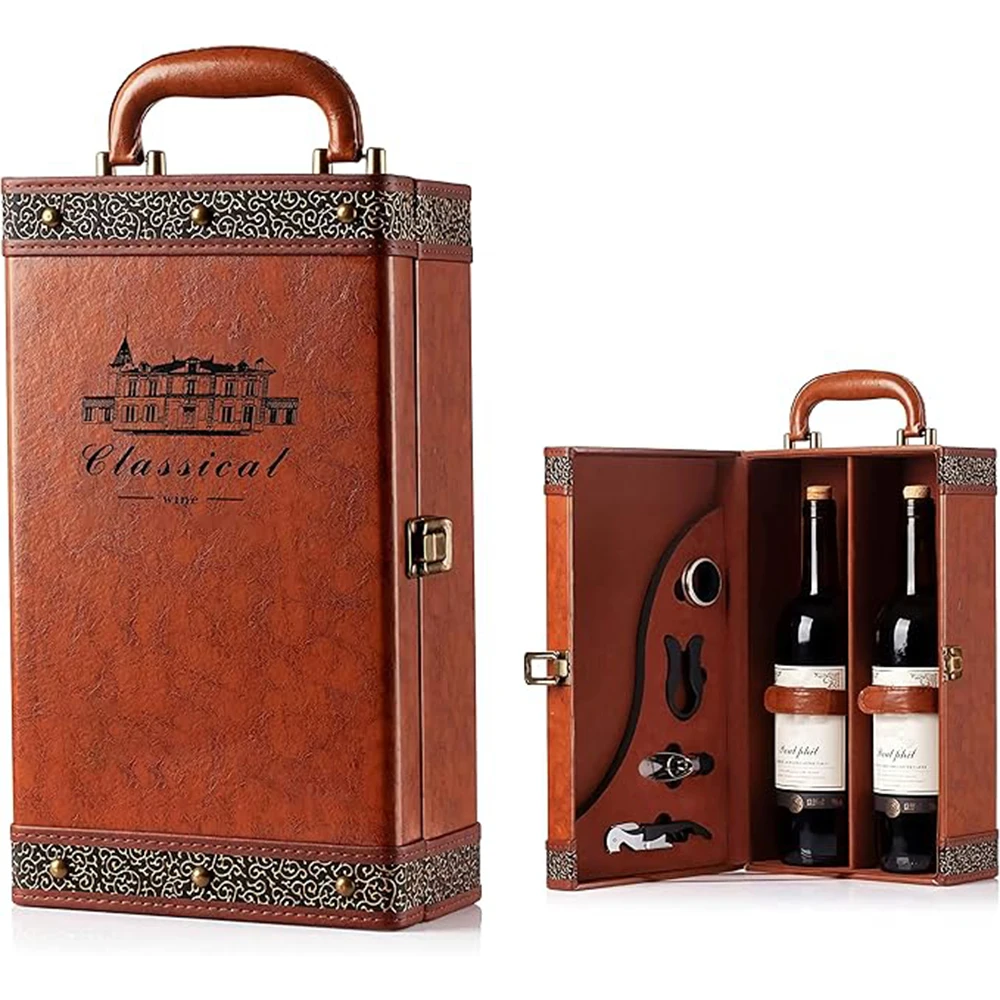 2 Bottle Wine Gift Box with 4 Accessories Set – PU Leather Portable Wine Carrier Tote, Dual Bottle Storage and Presentation Box for Home Display, Business Gifting, and Wine Collection