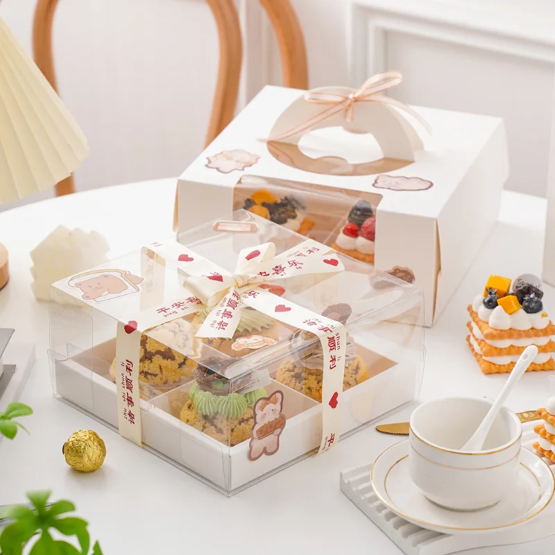 5 Pcs 6-Inch White Paper Cake Boxes with Handle – Windowed Packaging for Mousse, Pastries, Cupcakes, Birthday Celebrations, Wedding Dessert Gifts, and Portable Bakery Takeaway Containers