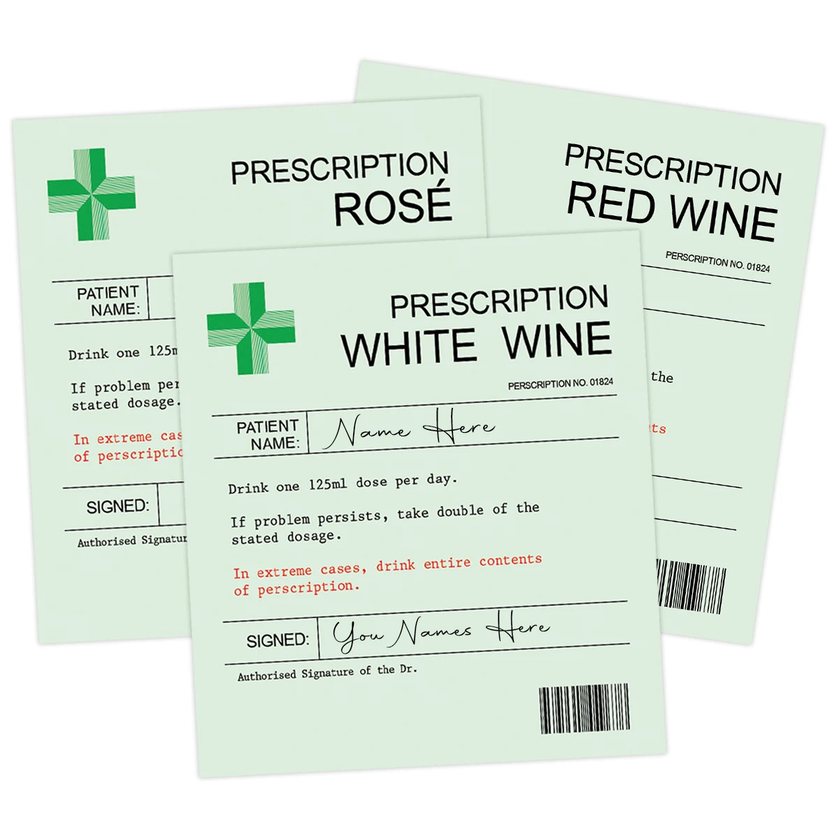 6-Pack Prescription-Themed Wine Bottle Stickers – Funny Christmas & Holiday Vinyl Labels for Birthday, Anniversary, Party Gifts, and Wine Decoration