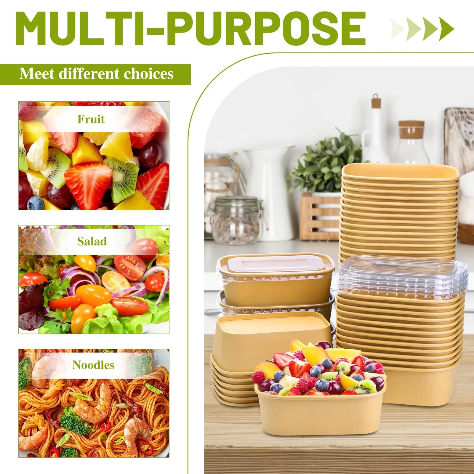 25PCS Kraft Paper Lunch Box with Lid, Square Disposable Food Containers, Eco-Friendly Salad Bowl Takeout Packaging Box for Snacks, Picnic, Meal Prep, Catering, Parties, Household Storage - 图片 5