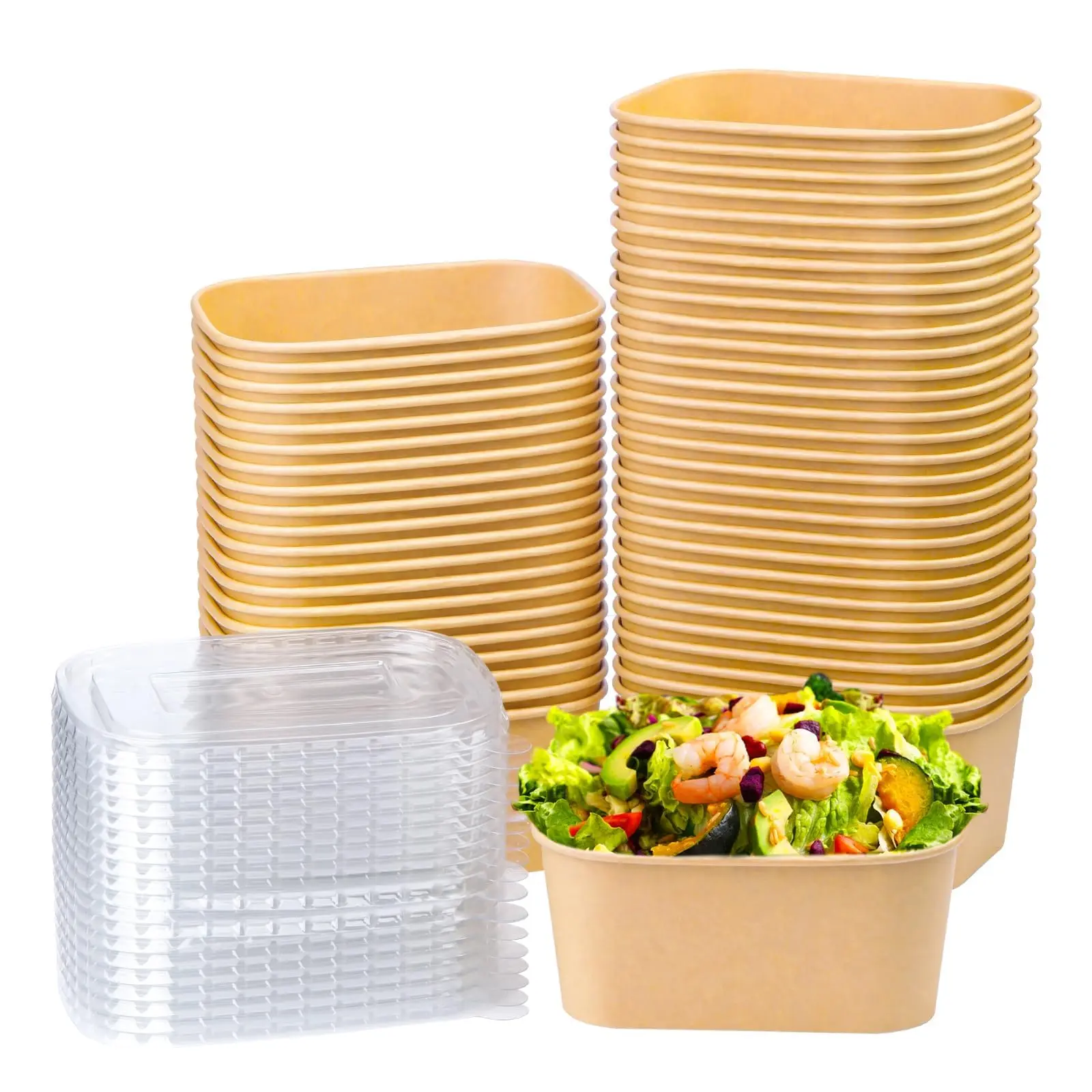 25PCS Kraft Paper Lunch Box with Lid, Square Disposable Food Containers, Eco-Friendly Salad Bowl Takeout Packaging Box for Snacks, Picnic, Meal Prep, Catering, Parties, Household Storage - 图片 2