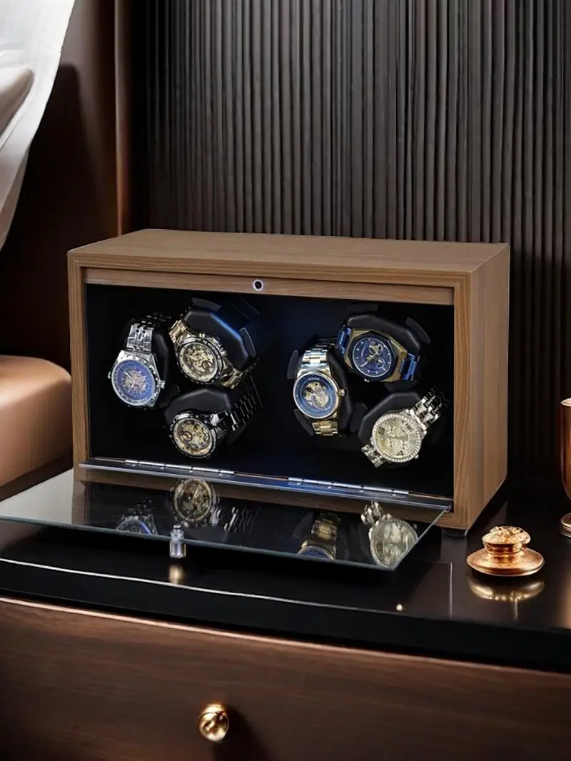 Automatic 6-Slot Watch Winder Box with Blue LED Light, Black Walnut Finish, Soft Memory Foam Pillows, Lid Sensor, Six Rotation Modes, Super Quiet Japanese Motor, PU Interior, AC Adapter Included, Ideal Gift for Luxury Watches - 图片 7