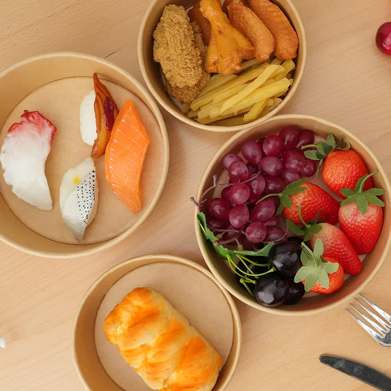 25pcs Kraft Paper Round Bowls Lunch Box Bento Box Food Containers with Lid Disposable Takeaway Soup Salad Noodles Meal Prep Eco-Friendly Food Storage for Picnic Party Travel - 图片 2