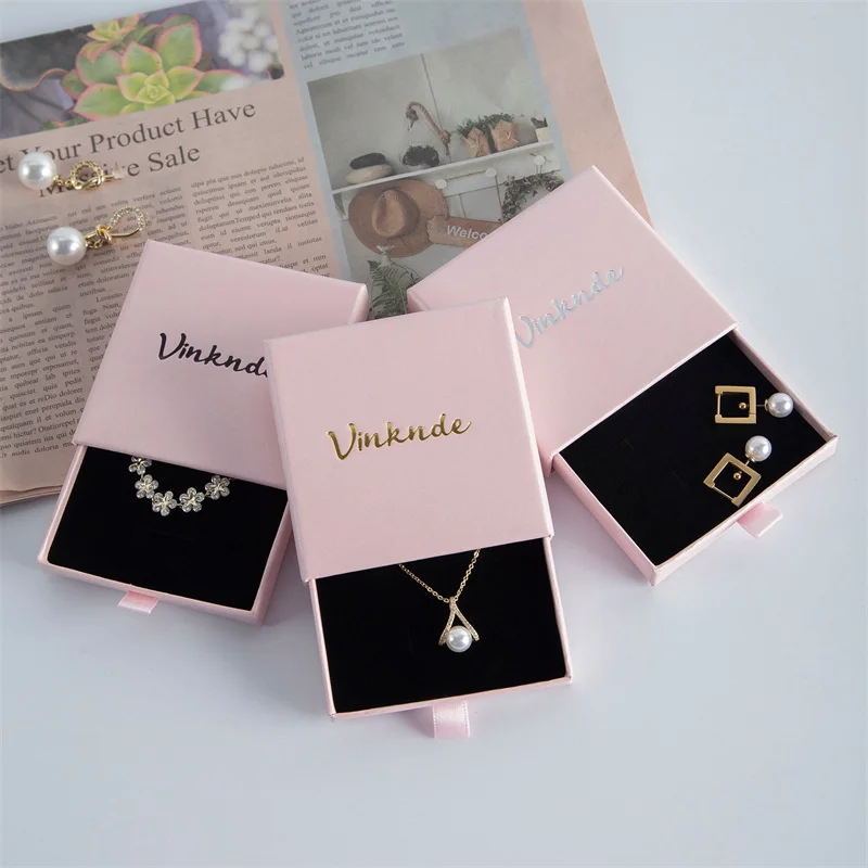 Custom Kraft Paper Drawer Jewelry Boxes with Logo – Small Business Necklace Ring Earring Packaging Gift Boxes | 1000g Paper + Black Sponge Insert | Plain or Personalized Jewelry Box Bulk Wholesale