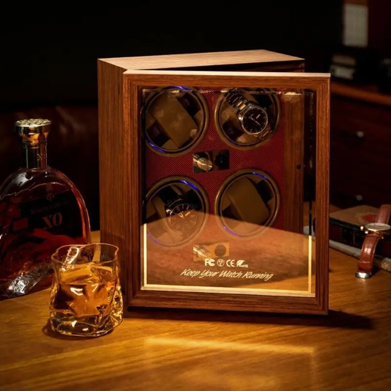 Luxury Automatic Watch Winder – Wooden Retro Organizer with Silent Motor and Anti-Magnetic Design, High-Density Pine & Leather Construction, Multiple Slots with USB Power, LED Light, 5 Rotation Modes - 图片 2