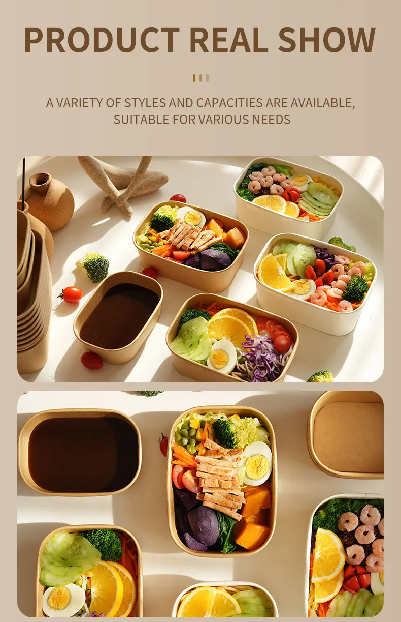 25-Pack Kraft Paper Lunch Box Bowls with Lids Disposable Square Food Containers for Salads Fast Food Bento Meals Takeout Microwave-Safe Food Storage Containers 500ml-1000ml 8
