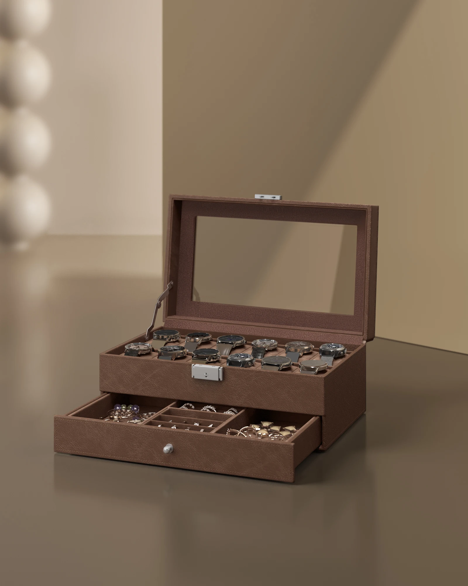 12-Slot Watch Box with Lockable Glass Lid and 2-Layer Design, Velvet-Lined Jewelry Storage Case with Bottom Drawer for Rings, Bracelets, Necklaces, and Accessories, Elegant Display Organizer for Home or Travel 6