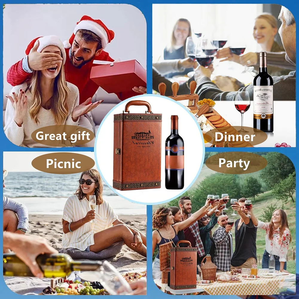 2 Bottle Wine Gift Box with 4 Accessories Set – PU Leather Portable Wine Carrier Tote, Dual Bottle Storage and Presentation Box for Home Display, Business Gifting, and Wine Collection - 图片 6