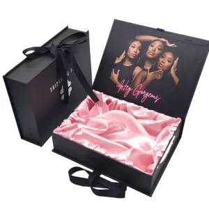 Wholesale Custom Logo Luxury Black Wig & Hair Extension Packaging Boxes, Magnetic Rigid Apparel Gift Boxes with Satin Liner and Ribbon, Elegant Customizable Clothing Box for Boutique Display & Shipping