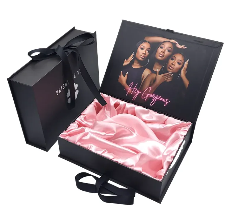 Wholesale Custom Logo Luxury Black Wig & Hair Extension Packaging Boxes, Magnetic Rigid Apparel Gift Boxes with Satin Liner and Ribbon, Elegant Customizable Clothing Box for Boutique Display & Shipping