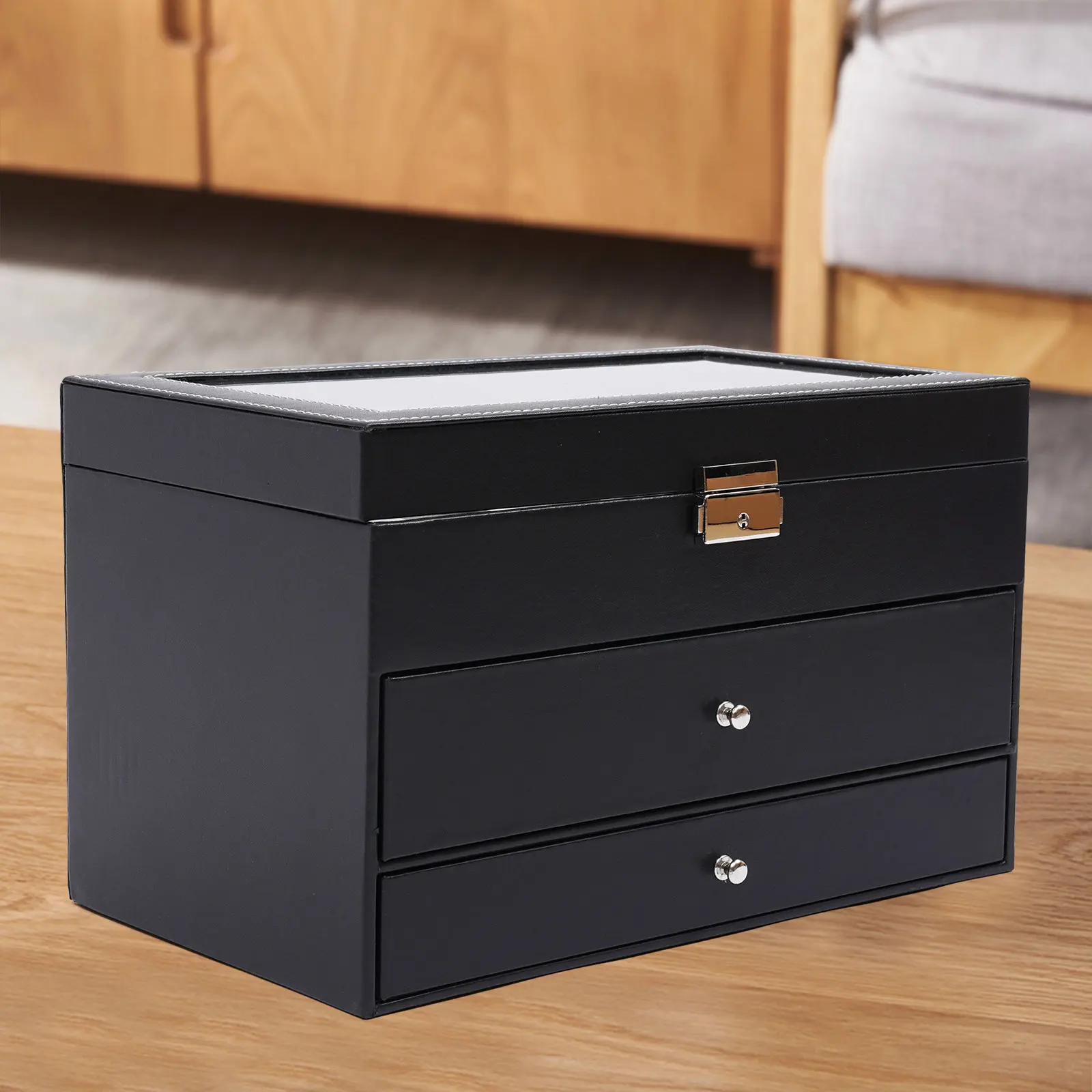 3-Layer Black PU Leather Watch and Eyeglasses Organizer with Glass Lid, Metal Buckle, Velvet-Lined Jewelry Display Drawer, Multi-Compartment Storage Case for Watches, Sunglasses, Rings, Bracelets, Necklaces 1