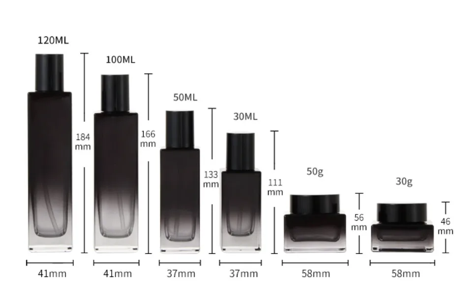 7PCS Cosmetic Container Set – 30/50G Cream Jars, 20–120ML Lotion Pump and Serum Bottles, Clear and Black Glass Refillable Travel-Ready Portable Bottles for Skincare, Retail Display, Gifting and Boutique Packaging