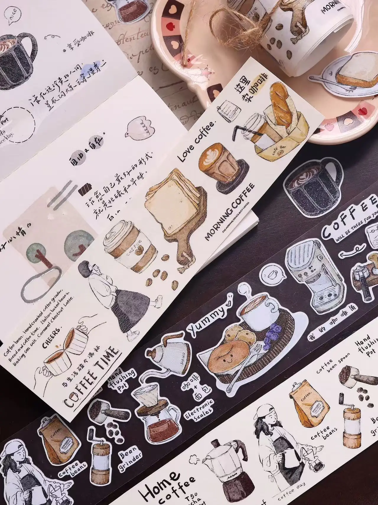 Vintage Coffee Brain Girl Washi PET Tape for Scrapbooking, Lovely Decorative Sticker Roll for DIY Journals, Greeting Cards, Envelopes, and Craft Packaging Projects 4