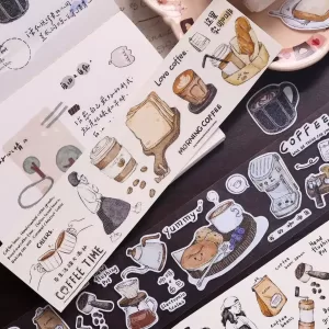 Vintage Coffee Brain Girl Washi PET Tape for Scrapbooking, Lovely Decorative Sticker Roll for DIY Journals, Greeting Cards, Envelopes, and Craft Packaging Projects