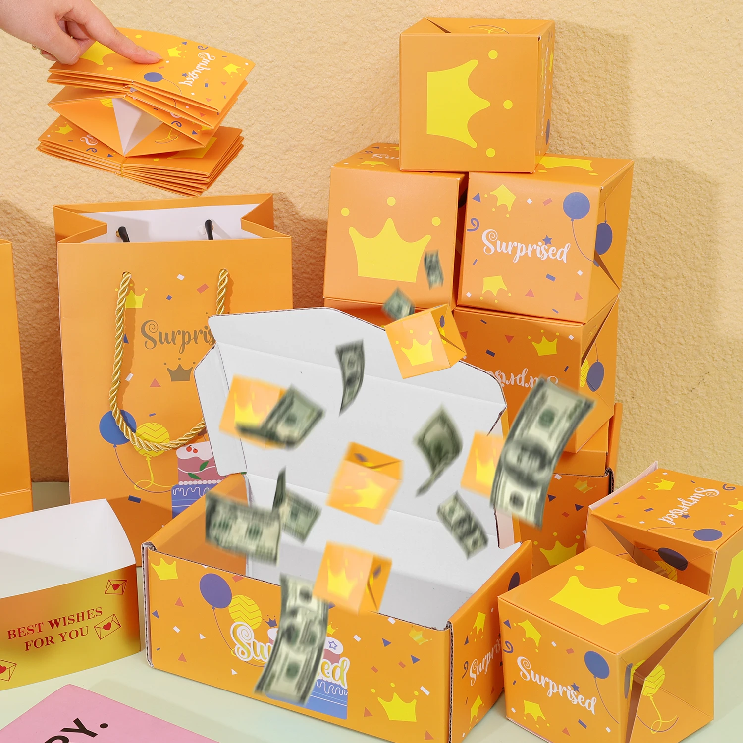 Folding Bounce Gifts Box Set, Creative Paper Jumping Boxes with Gift Bag, Valentine’s Day Birthday Party DIY Decoration Supplies, Surprise Paper Packaging Box Set with Reusable Gift Bag 5