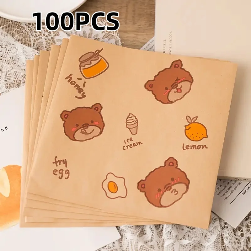 100 Pieces Oil-Resistant Sandwich Wrappers with Cute Bear Pattern, Microwave & Oven Safe, Leak-Proof, Moisture-Resistant Paper Bags for Holiday Baking, Catering, Multifunctional Food Packaging, Durable & Festive - 图片 7