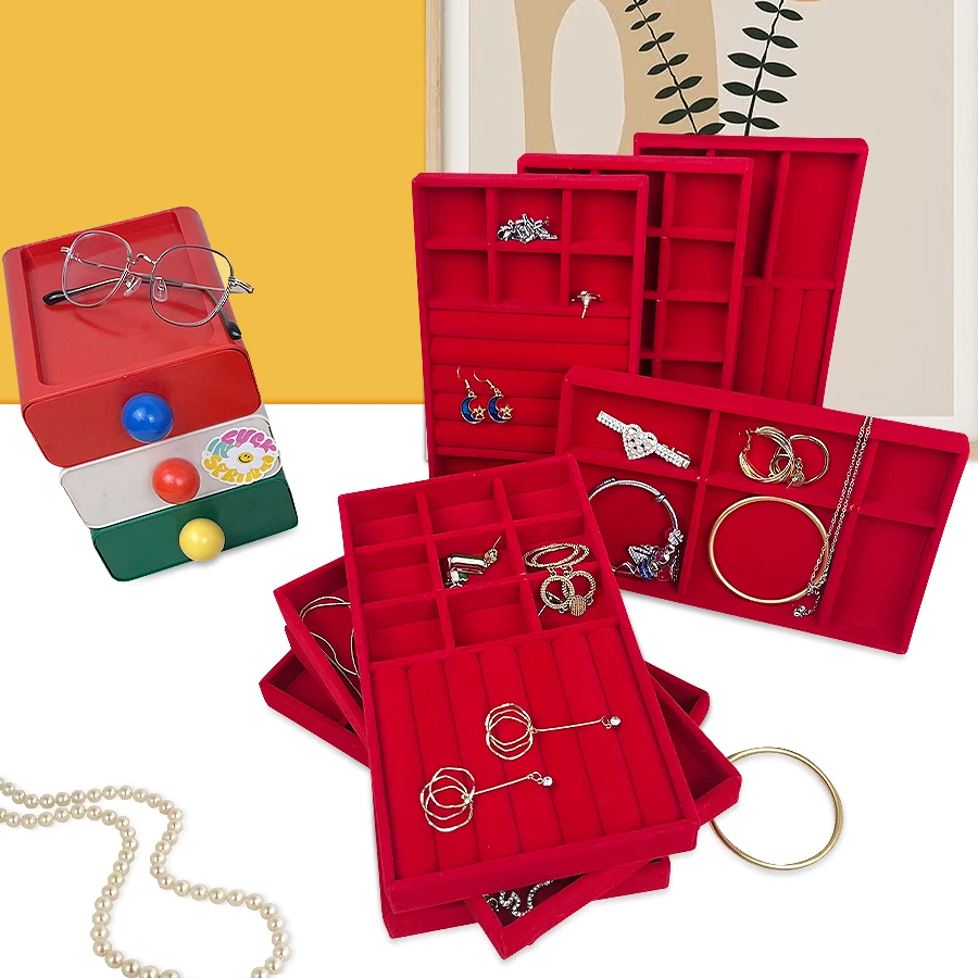 Flocking Jewelry Box Tray Velvet Organizer | Elegant Red Jewelry Packaging Display Box for Rings Earrings Bracelets | Custom Logo Gift Box Storage Packaging Flocking Jewelry Box Tray Velvet Organizer | Elegant Red Jewelry Packaging Display Box for Rings Earrings Bracelets | Custom Logo Gift Box Storage Packaging