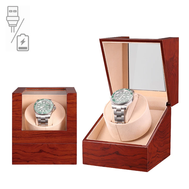 Luxury Wooden Single Automatic Watch Winder with Silent Mabuchi Motor, Glass Display Case, Battery or Adapter Powered Storage Box, Elegant Rotation Shaker for Mechanical Timepieces and Safe Jewelry Holder - 图片 10