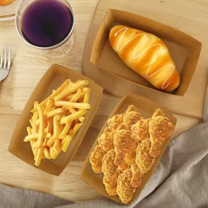 100Pcs Brown Paper Food Boxes, Oil-Proof Disposable Food Trays, Recyclable Boat-Shaped Takeout Boxes for French Fries, Burgers, Snacks, Party, Picnic, and Camping