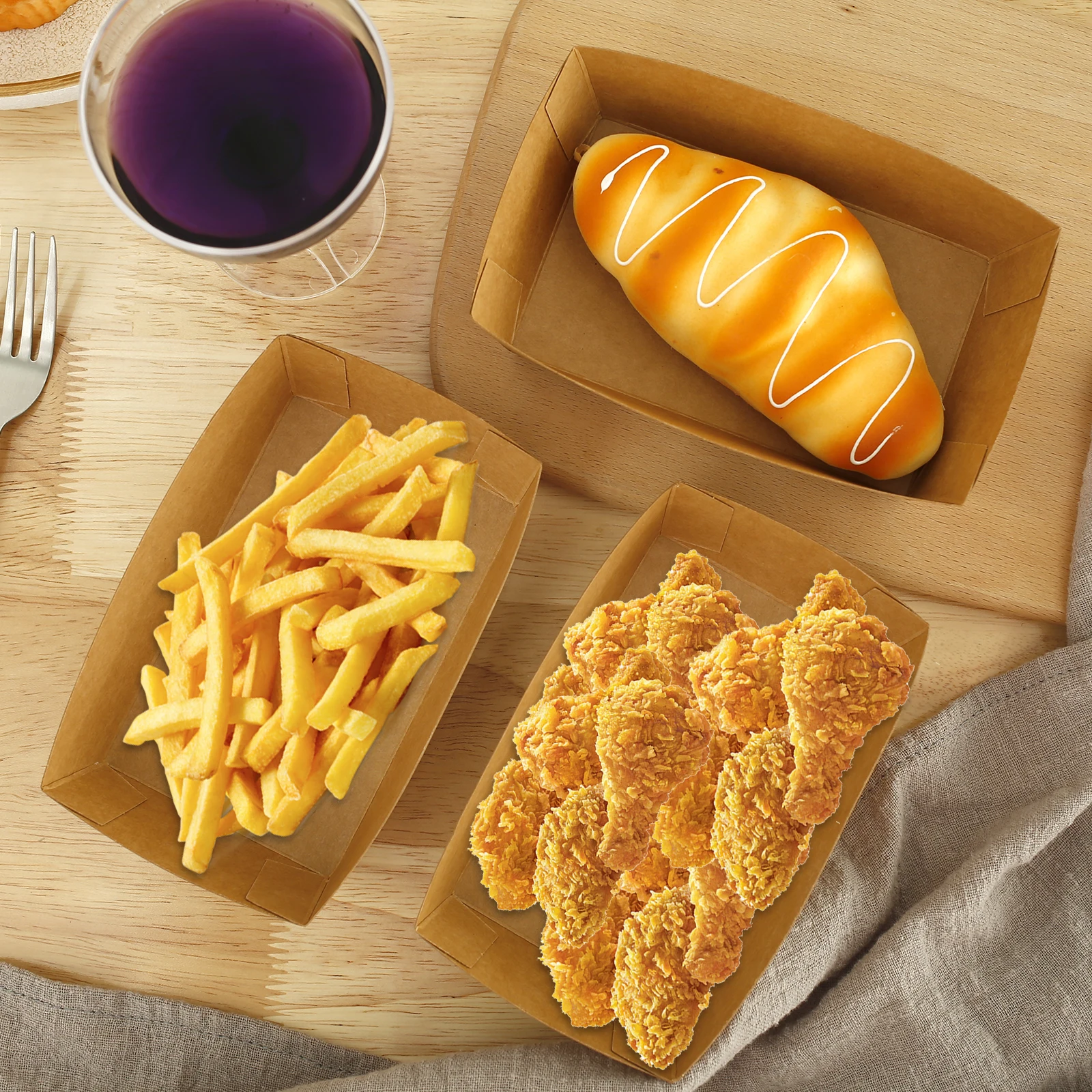 100Pcs Brown Paper Food Boxes, Oil-Proof Disposable Food Trays, Recyclable Boat-Shaped Takeout Boxes for French Fries, Burgers, Snacks, Party, Picnic, and Camping