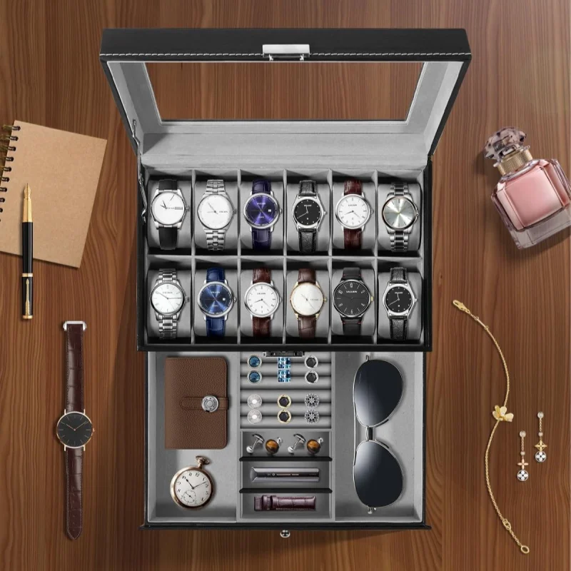 12-Slot PU Leather Lockable Watch Storage Box with Two-Tier Organizer, Secure Jewelry Display Drawer Case for Men and Women Featuring Soft Interior, Elegant Travel and Home Storage Solution for Luxury Accessories - 图片 2