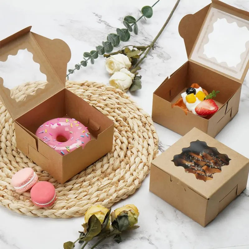 50/100Pcs Kraft Paper Cake Boxes with Clear Window, 4x4x2.5 Inch Cardboard Dessert Containers for Pastries, Macarons, Chocolates, Biscuits, Cookies and Bakery Packaging Supplies 3