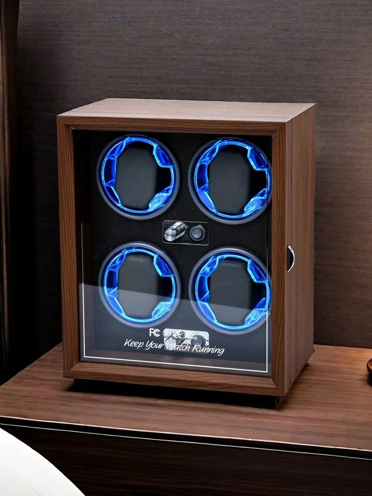 Automatic 4-Slot Watch Winder Box with Blue LED Light, Black Walnut, Red and Carbon Fiber Variants, Soft High-Elastic Memory Foam Pillows, Lid Stop Function, Ultra-Quiet Japanese Motor, USB & AC Powered, Ideal Gift for Luxury Watches