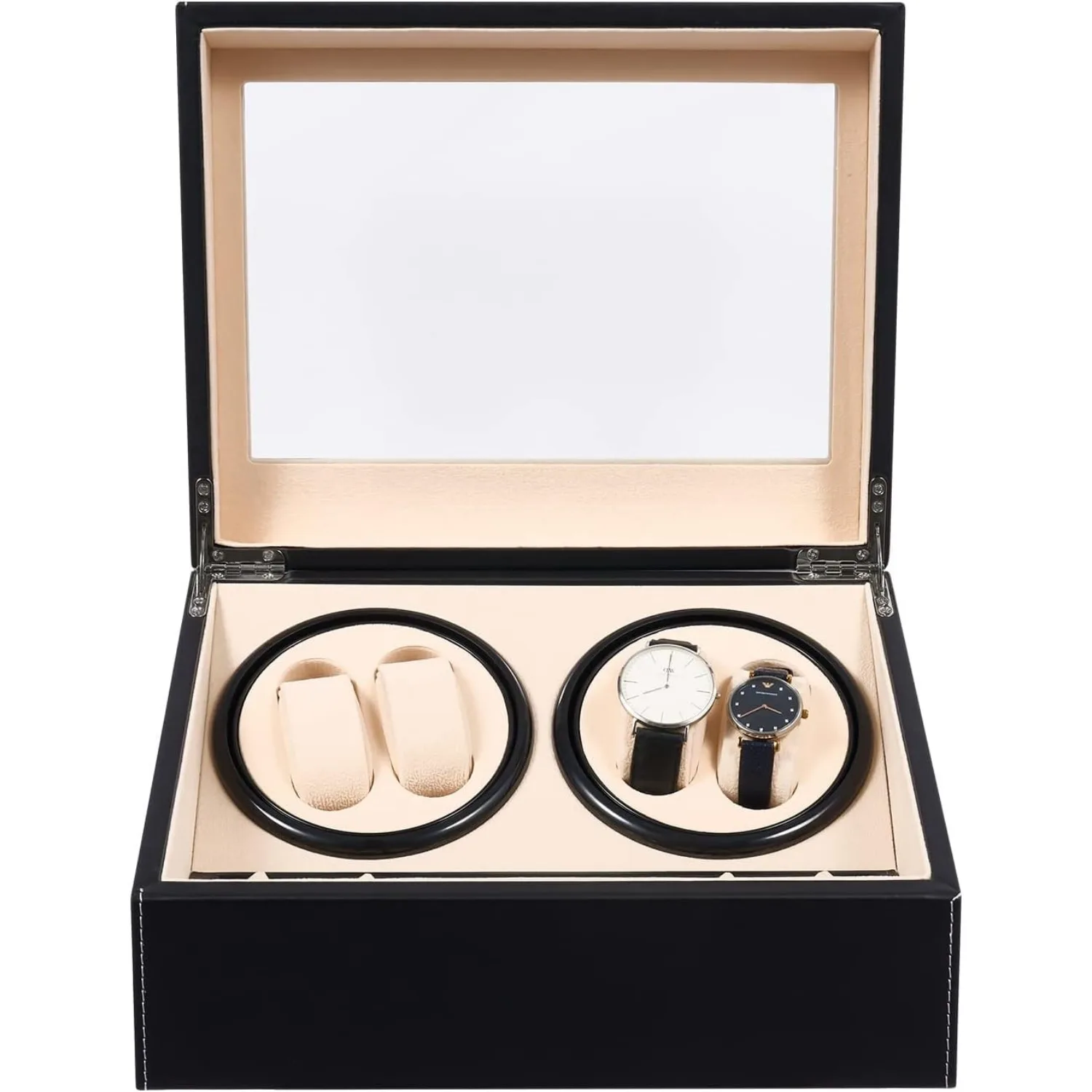 Travel Watch Winder | Automatic Watch Winder Case 4+6 Display Slots, Silent Motor Leather & Wood Organizer Box with Piano Finish, Dual Rotation Modes, Glass Cover, Black/Khaki Modern Collector Storage with US Plug - 图片 7