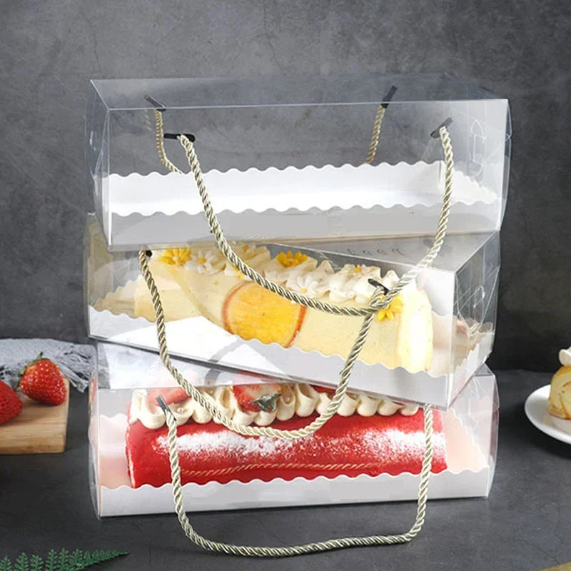 1PCS Clear PET Cake Box with Handle, Long Transparent Cupcake Roll Container Dessert Gift Packaging Holder, Food Grade Portable Bakery Box for Swiss Roll, Pastries, and Party Treats 18.2x6.3x6.3cm - 图片 3