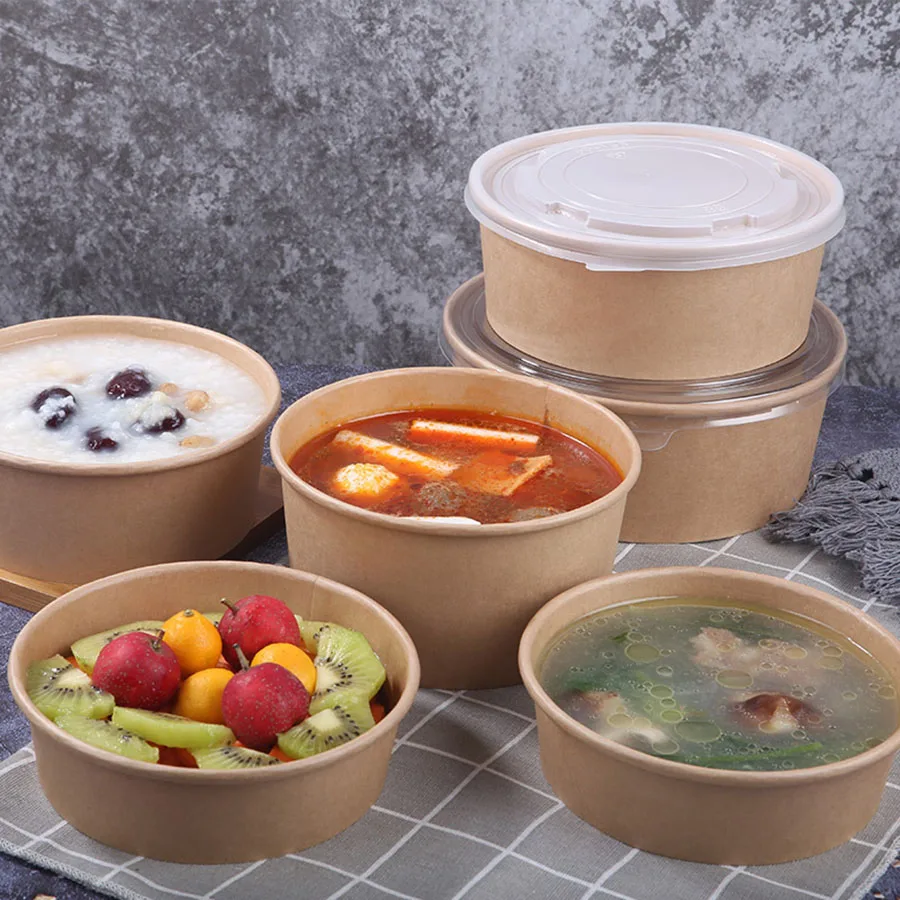 20Pcs Disposable Kraft Paper Bowls with Lids, Eco-Friendly Takeaway Salad Containers, Leak-Proof Lunch Box for Soup, Rice, Noodles, Snacks, Fruit, Desserts, Fast Food Packaging for Parties & Catering 4
