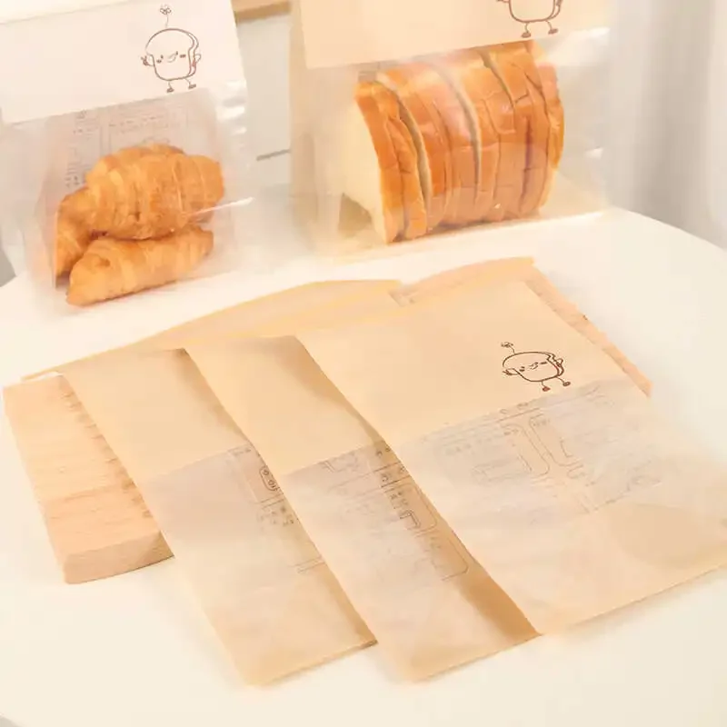 50 Pieces Kraft Paper Roll-Edge Sandwich & Toast Bags with Cartoon Window Print, Food-Safe Packaging for Bread, Desserts, Sweet Potato Rolls, Edible Grade, Durable and Stylish - 图片 3