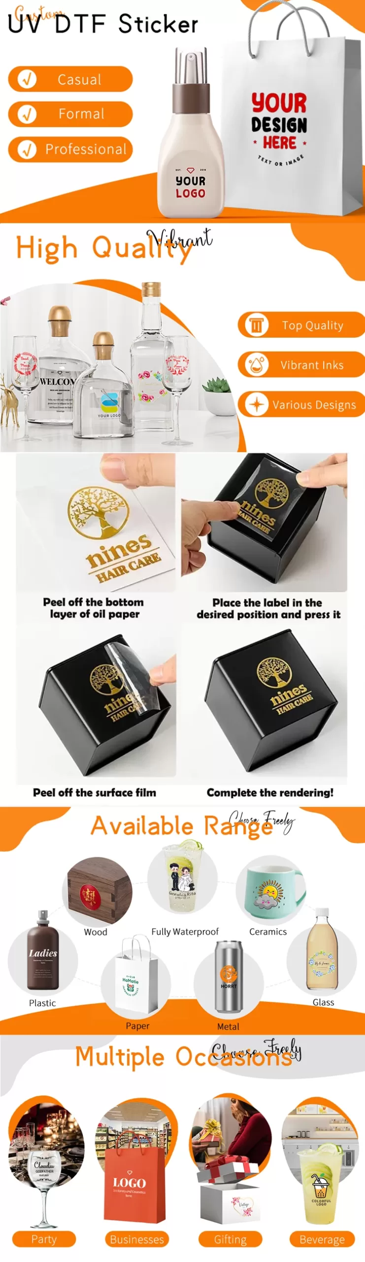 50-Pack Custom Logo Stickers for Perfume Bottles – Personalized Name Design UV Transfer Labels for Bottles, Gift Bags, and Packaging Boxes