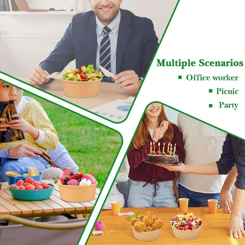 10-Pack Kraft Paper Salad Bowls with Lids Biodegradable Disposable Tableware for Meal Prep Takeout Bento Food Containers Eco-Friendly Portable 500ml 750ml 1000ml 10