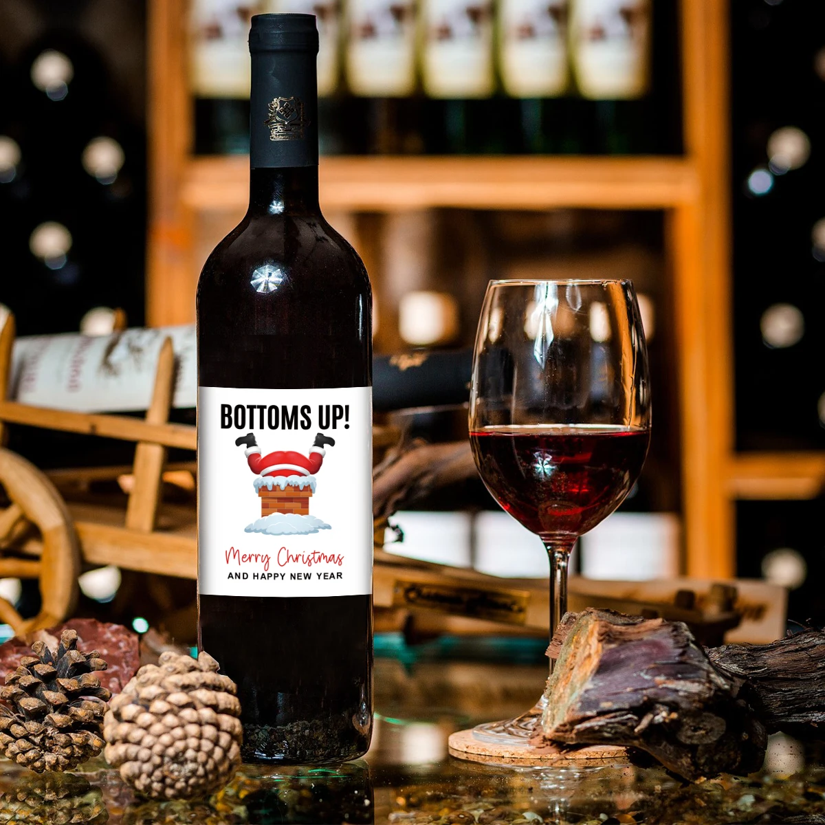 6PCS Christmas Wine Bottle Labels – Waterproof Self-Adhesive Vinyl Stickers with Funny Santa Claus & Holiday Greetings, Perfect for Xmas Party Decorations, Gift Wrapping, New Year Celebration Supplies