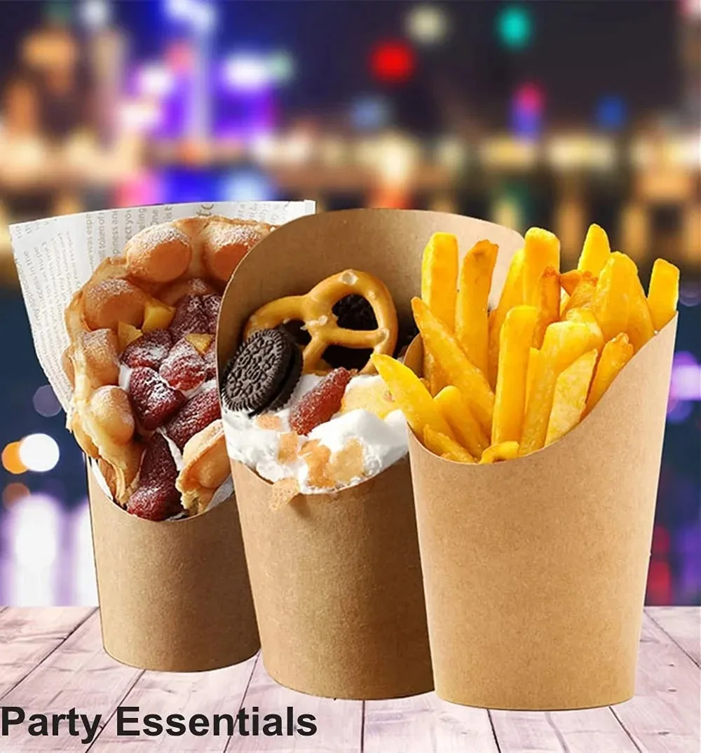 100PCS Kraft Paper French Fry Cups, Disposable Snack Containers, Charcuterie and Dessert Holders, Oil-Resistant Baking Cups for Takeout, Parties, Weddings, and Catering
