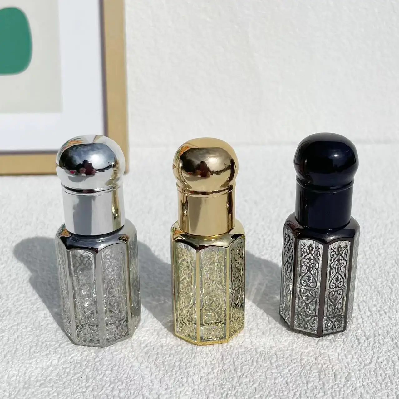 3ml/6ml/12ml Luxury Colored Glass Essential Oil Bottles – Electroplated Carved Design with Ball Applicator, Refillable Mini Containers for Perfume, Serum, Makeup and Cosmetic Travel Storage