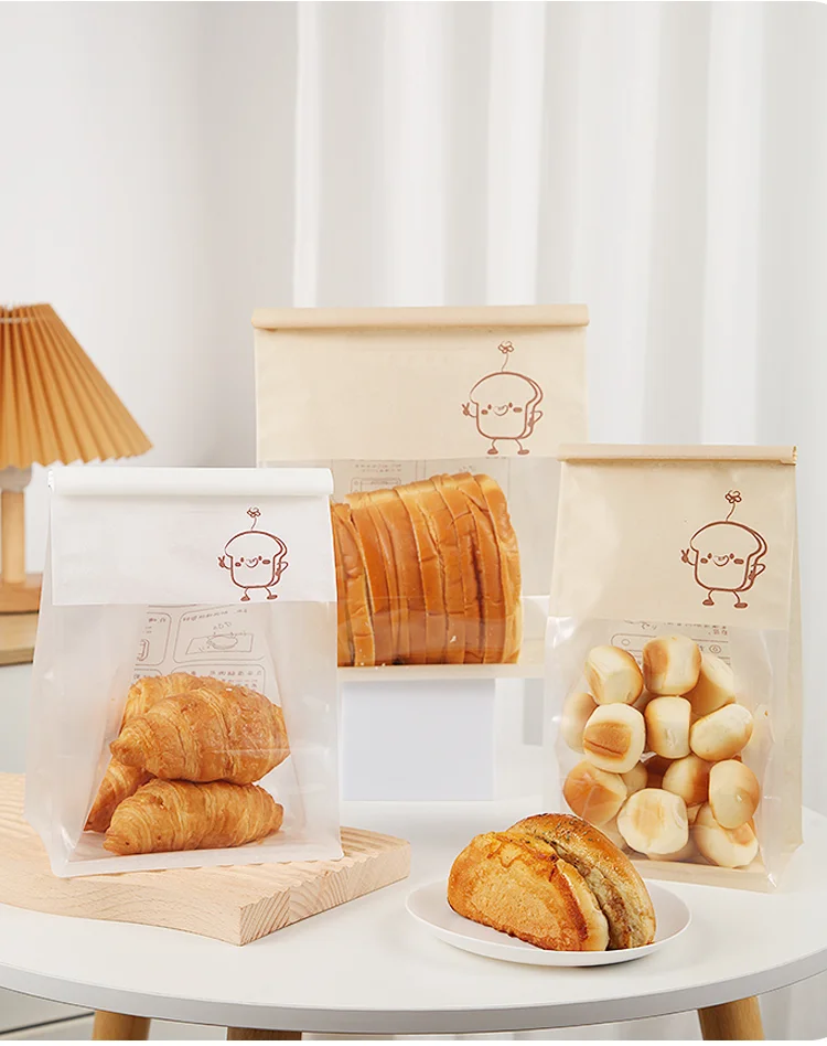 50 Pieces Kraft Paper Roll-Edge Sandwich & Toast Bags with Cartoon Window Print, Food-Safe Packaging for Bread, Desserts, Sweet Potato Rolls, Edible Grade, Durable and Stylish 4