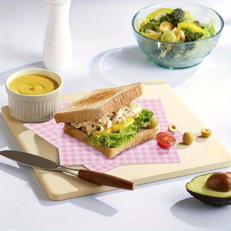 100PCS Pink Grease-Resistant Food Wrapping Paper Sheets 18×18cm Square Coated Oil-Proof Liners for Sandwiches, Pastries, Fried Food, Bread & Desserts – Disposable Baking and Serving Paper for Restaurants and Homes - 图片 5