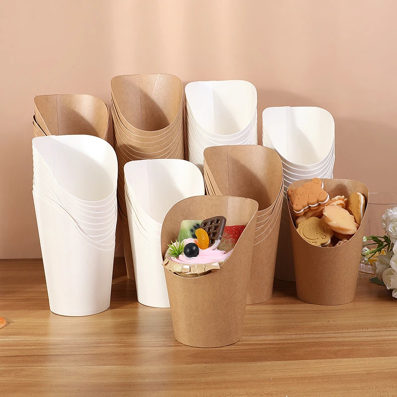 10pcs Disposable Kraft Paper French Fry Holders, Potato Chips Snack Cups, Charcuterie Boxes, Mini Dessert Containers, Party Supplies, Fast Food Takeout Paper Cups for Birthday, Wedding, Catering, Event Use